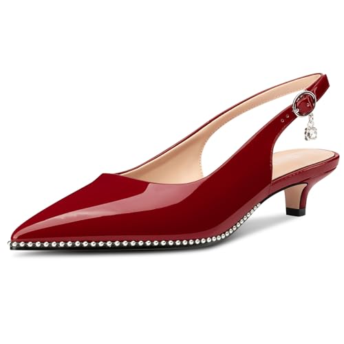 Image of TNYNFBEB Womens Low Kitten Heel Close Pointed Toe Pumps Slingback Silver Beaded Buckle Prom Party Dress Patent Leather 1.4 Inches Heels