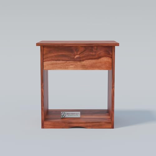 Image of Jangid Handicraft Solid Sheesham Wood Bedside Table with Drawer | Nightstand for Bedroom, Living Room & Home Decor | Wooden Side Table with Storage Shelf & Drawer, Natural Finish