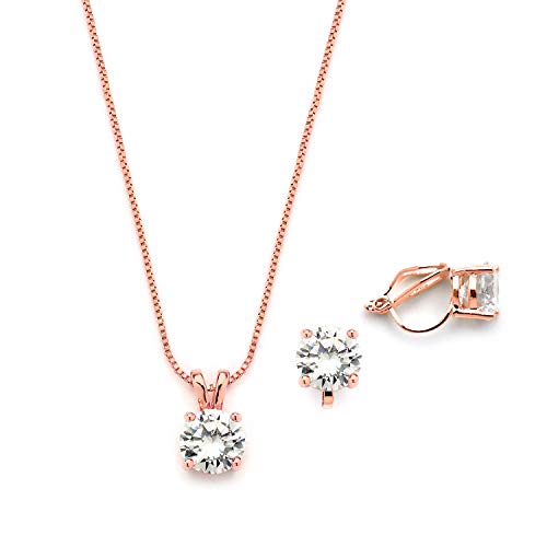 Mariell 14K Rose Gold Plated Cubic Zirconia Jewelry Set - 2Cwt Round Pendant With 8Mm Clip-On Earrings #TOP1