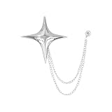 Minimalist Four-Point Star Brooch for Women Men, Silver Plated Hanging Chain Tassel Lapel Pin with Round Crystal, Elegant Holiday Wedding Party Jewellery, Suit Hat Bag Accessories