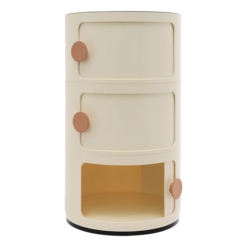 Duoruameng Mesita de noche redonda con 3 cajones, mesita de noche de plástico con puerta corredera, mesa auxiliar, armario de almacenamiento para dormitorio, salón, color verde/beige (beige)
