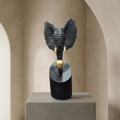 Image of Modern Abstract Elephant Statue - Matte Black & Gold Resin Animal Sculpture, Elephant Bust Figurine for Luxury Living Room Decor, Office Desk, Entryway Gift (Modern Statue)