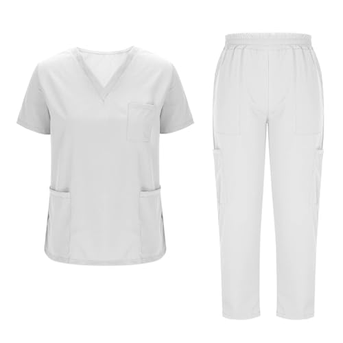 Mis Pedidos Uniforme Sanitario Mujer,Conjunto de Uniformes Médicos para Mujer Cuello V Trabajo Médico Manga Corta y Pantalón Largo con Bolsillos Uniformes de Enfermería Color Sólido Ropa Trabajo