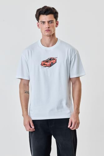 Image of SNITCH Men T-Shirt | Embroidered Car Graphic & Drop Shoulder Style | 100% Breathable Cotton Casual Streetwear T-Shirt & Fashionable Short Sleeve Tee