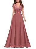 Miusol Women's Elegant V-Neck Cap Sleeve Sequined Floral Lace Formal Party Maxi Dress (XX-Large, Cinnamon Pink)