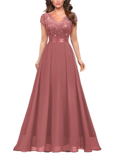 Miusol Women's Elegant V-Neck Cap Sleeve Sequined Floral Lace Formal Party Maxi Dress (X-Large, Cinnamon Pink)
