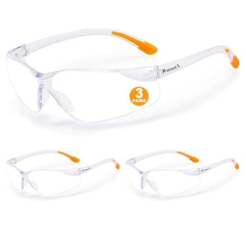 ProtectX Gafas de seguridad ANSI Z87.1 clasificadas con lentes transparentes resistentes a los arañazos, antivaho, agarres antideslizantes, protección UV, marco transparente y naranja, paquete de 3