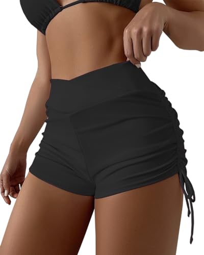 Women's V Cross High Waisted Swim Shorts Ruched Side Tie Boy Shorts Swimsuit Bottoms with Liner2