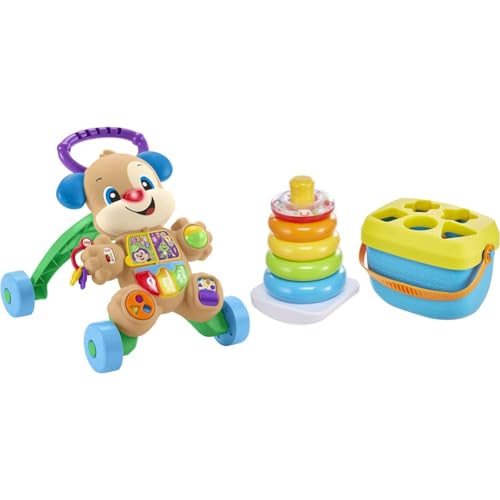 Fisher-Price Laugh & Learn Puppy Walker and Fisher-Price Infant Gift Set with Baby's First Blocks and Rock-a-Stack Ring Stacking Toy