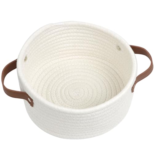 Image of Small Woven Basket, Cute Mini Cotton Rope Storage Basket with leather handle, Tiny Decorative Round Storage Bin, Boho Empty Gift Baskets for Organizing, Toy Organizer for Nursery (Narrow handle)