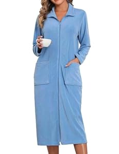 Viakeo Fleece Bademantel für Damen Reißverschluss Nachtkleid Lang Bathrobe Leichtgewicht Hausmantel mit Taschen S-3XL