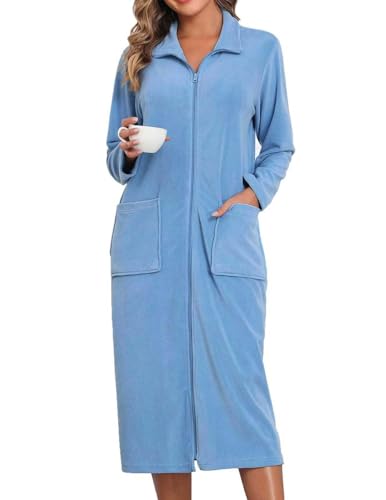 Viakeo Fleece Bademantel für Damen Reißverschluss Nachtkleid Lang Bathrobe Leichtgewicht Hausmantel mit Taschen S-3XL