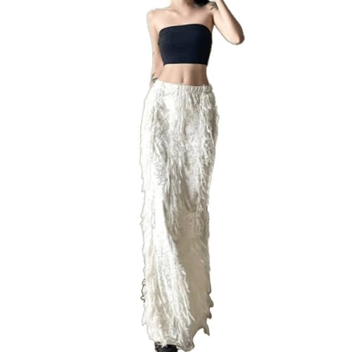 Apricot Fringe Skirt Patchwork Wrap Elastic Waist Fishtail Elegant Slim Fit Summer Casual Streetwear Skirt