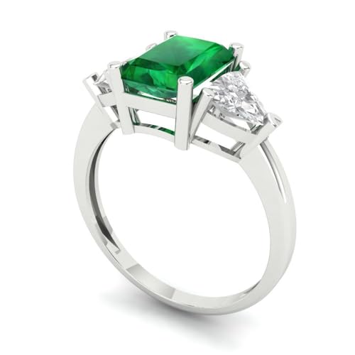 Clara Pucci 2.82 CT Emerald Cut Simulated Emerald Ring for Women in 14K White Gold, 3 Stone Proposal Wedding Anniversary Designer Bridal Ring, Womens Solid Gold Ring2