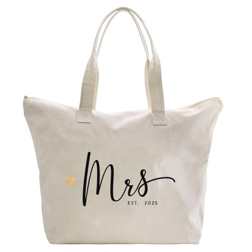 CARAKNOTS Mrs. Bag 2025 Future Mrs Bride Gifts for Wedding Engagement Bachelorette Party Honeymoon Bridal Shower Gifts for Bride to Be Tote Canvas Cotton Beach Shoulder Bag with Zipper and Pocket