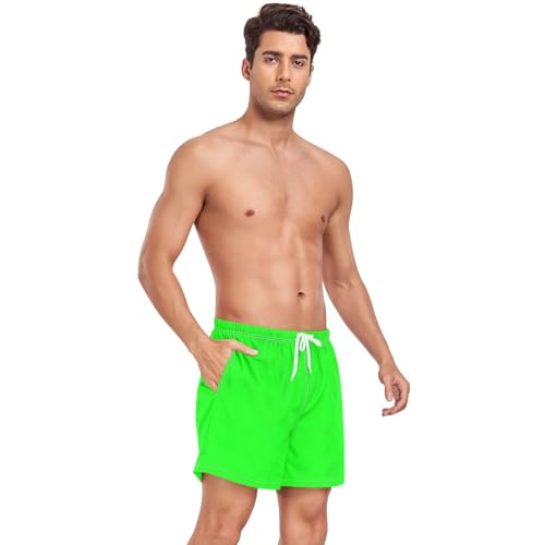 ATTX Neon Green Solid Color Mens Swim Trunks with Compression Liner 4.7" Inseam Quick Dry Lightweight Beach Pants #3134