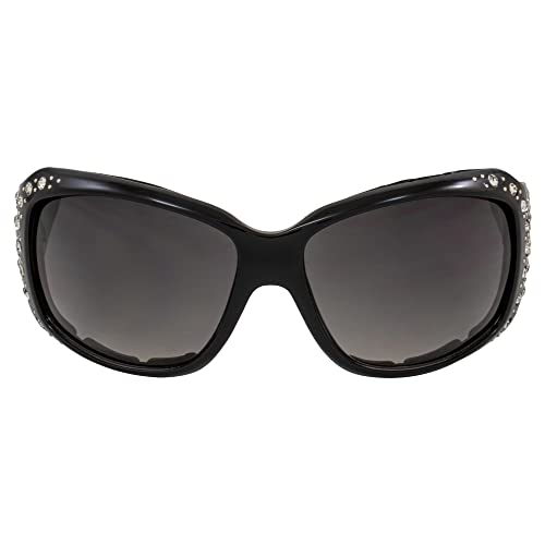 Rodeo Queen Mercy Padded Motorcycle Cross Sunglasses for Women Black Frame w/Bling Rhinestones & Smoke Gradient Lens2