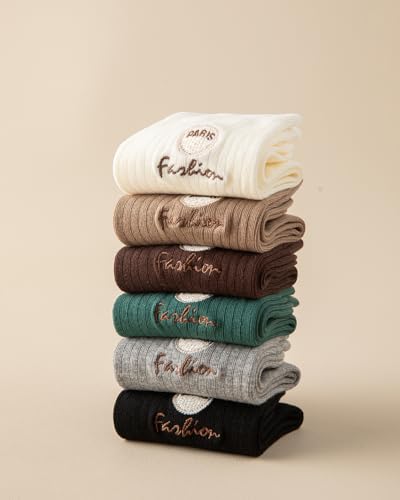 Image of 6 Pairs Women's Crew Socks - Cute Embroidery, Solid Color Cotton, Casual & Breathable Socks