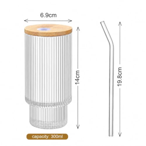 Image of Ribbed Highball Glass Tumbler Set of 2 with Bamboo Lid & Glass Straw, 300ml Drinking Glasses for Iced Coffee, Juice, Smoothies, Cocktails, Beer, Water, Reusable Clear Glass Cups