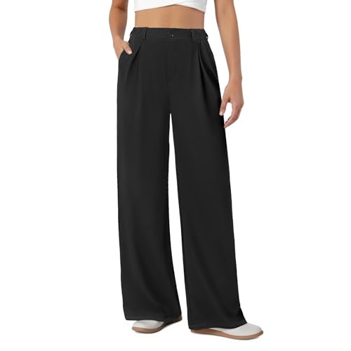 Womens Dress Pants Wide Leg Stretchy Work Pants with Pockets Elastic Waist Pleated Front Business Casual Slacks Black Small