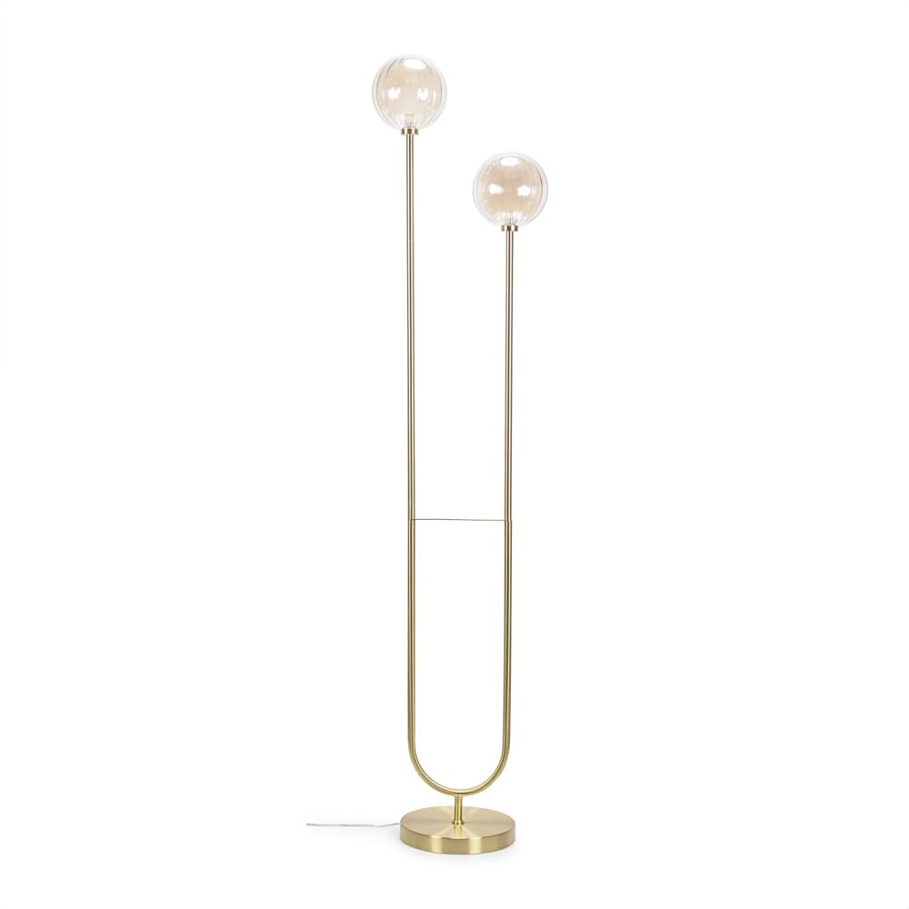 ValueLights | Gold Metal Bar 2 Way Dual Floor Lamp with Amber Ribbed Glass Globe Shades | Floor Lamps & Torchieres, Home Décor & Improvement Essential | Includes Bulb