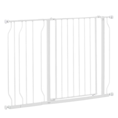 PawHut Barrera de Seguridad para Perros Extensible 75-115 cm para Puertas y Escaleras Puerta de Seguridad para Mascotas con Extensiones Montaje a Presión y Doble Bloqueo Blanco