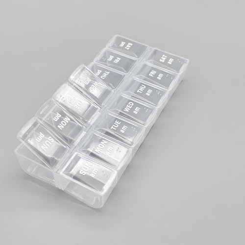 BAOWUABJ Weekly Pill Box, Daily Pill Box Organiser 7 Day 2 Times, Travel Pill Box Organizer, Moistureproof, BPA Free Case,Weekly Tablet Organiser to Hold Vitamins and Medication (Clear)