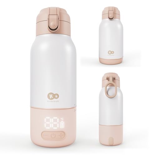 Kinderkraft GAJA Chauffe-Biberon Portable 2 en 1 avec Bouteille Isotherme 500 ml, 5 Températures, Chauffe en 120 sec, Batterie Amovible, USB-C, 10 Cycles, Beige