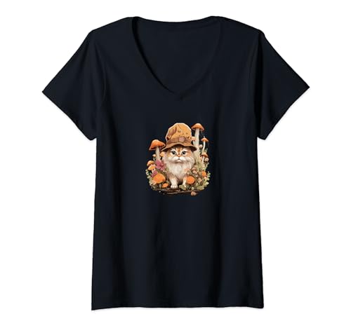 Cottagecore Aesthetic Cat With Mushroom Hat Camiseta Cuello V