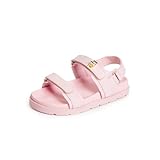 FabKids Girl's Flat Sandals Comfort Adjustable Double Strap Slip on Leather Footbed Sandals Pink for Little Kids Size 12