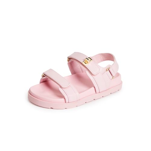 FabKids Girl's Flat Sandals Comfort Adjustable Double Strap Slip on Leather Footbed Sandals Pink for Little Kids Size 12