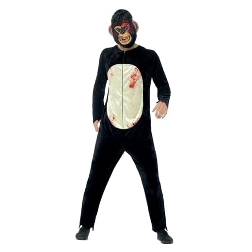 Smiffys Disfraz de chimpancé zombi deluxe, Negro, con traje entero y máscara EVA
