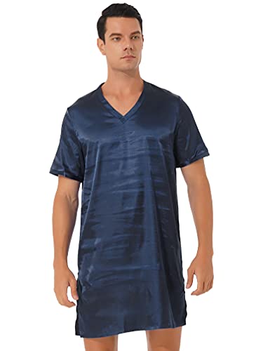 FEESHOW Sleepwear Mens Silk Satin Nightshirt Short Sleeve Pajamas Nightgown Night Shirts for Sleeping