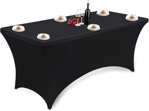 Juego de 2 Manteles Elastico Rectangulares de Poliéster Mantel Elástico 183x75x75 cm Lavable a Máquina Antiarrugas Impermeable para Bodas Banquetes Fiestas Candy bar Congresos y Catering (Negro)