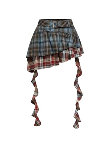 Verdusa Women's Grunge Colorblock Plaid Ruffle Skirt Y2K Tiered Layered Belted Skirt with Strap