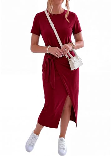 Image of NOLLSOM Women Casual Sleeveless Striped Tank Midi Dresses Halter Neck Ruched Bodycon Dresses Tie Waist T Shirt Summer Dress