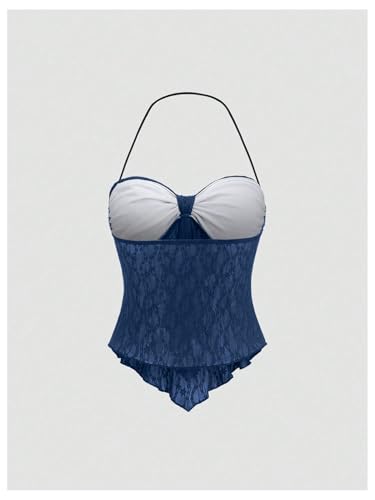 SHENHE Women's Floral Lace Halter Backless Tie Front Bow Asymmetrical Crop Top2