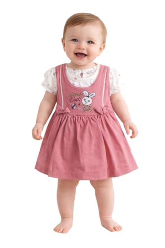 Image of Baby Girls Frock Dress with Bloomer Set | Short Sleeve Polka Dot Inner Layer & Bow Detail Special for 0-6 Months