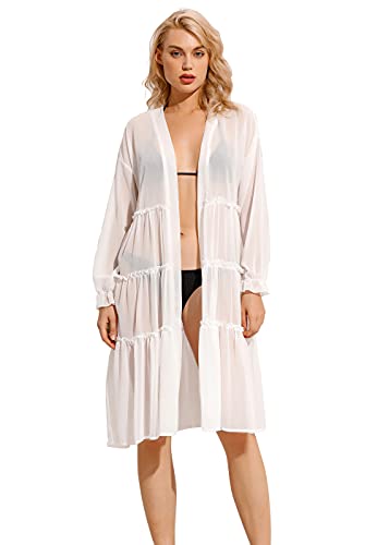 Brosloth Kimono Cardigan Robe de Plage Chic Maillot de Bain Femme Ete Pareo Transparente Couvrir Beach Maillots de Bain Bikini Cover Up Blanc XL Cover