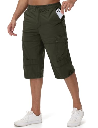 MAGCOMSEN Herren Cargo Hose Kurz Bermuda Hosen Herren Regular Fit Militär Shorts Outdoor Chino Shorts Jogginghose Casual Freizeithose Kurz Baumwolle Sommerhose mit Gummizug Grün 34