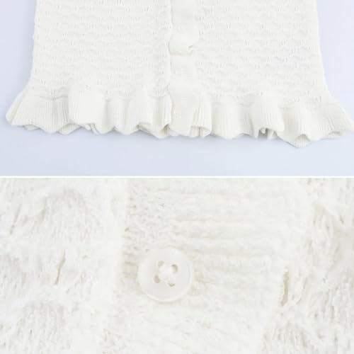 FindThy Women’s Crochet Cardigan Sweater Trendy Crewneck Ruffle Long Sleeve Button Down Crop Knitwear Tops4