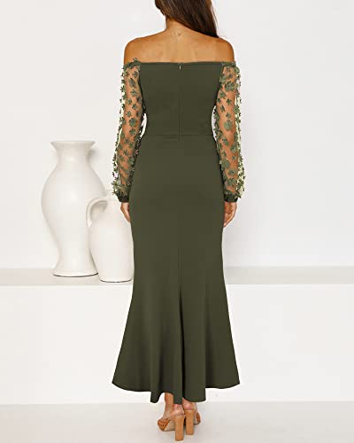 Btfbm Women Elegant Off Shoulder Dresses Sheer Long Sleeve Mesh Ruched Wrap Split Bodycon Maxi Cocktail Wedding Guest Dress(Solid Army Green, Large) #TOP2