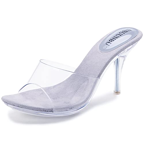 Image of NBUUNBU Silver Clear Heels For Women Dress Shoes Transparent Strap Sexy Stilletos Heels Open Toe High Silver Heeled Sandals Pump Mules