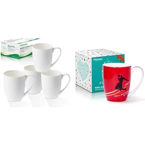 12oz Luxury Fine Bone China White Coffee Mugs Set of 4 and 1pcs 12oz Red Sports Type Fine Bone China Cups Cover