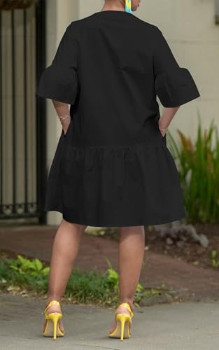 Choichic Button Down Shirt Dresses for Women with Pockets Flare Bell Sleeve A-Line Midi Tunic Dress3
