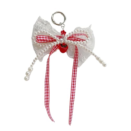Bwuikim Elegante bolso de encaje con perlas y lazo, decoración con diseños de guinga y fresa, accesorio para estilos de aspecto femenino dulce, encanto de bolso juvenil de moda, rosso, Talla única