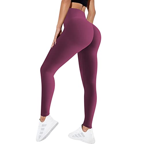 Sfit Leggins Sportivi Donna Push Up Anticellulite Leggings Modellante a Vita Alta Pantaloni Palestra Donna Elastici Morbidi per Yoga Fitness Corsa（Vino Rosso(Colore Solido)，S）