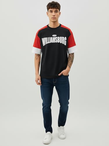 Image of LEOTUDE Men's Half Sleeve Cottonblend Printed Colourblocked Round Neck Drop Shoulder Oversized Tshirt for Man (Color Red)