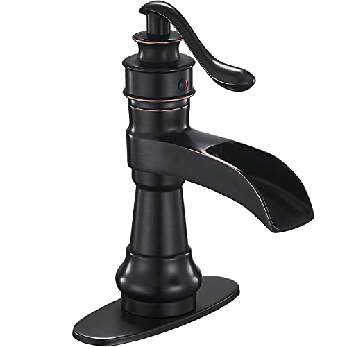 Bathfinesse Oil Rubbed Bronze Bathroom Faucets Waterfall Farmhouse Bath Sink Faucets Single Handle Single Hole Deck Mount Mixer Tap Commercial Lavatory with Supply Lines Hose Lead-Free