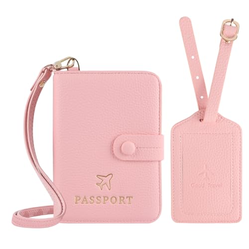 Boutilon Leather Passport Holder Covers Case with Neck Lanyard and Luggage Tag Waterproof RFID Blocking Travel Wallet Solid Color Passport Organization for Women and Men (Cherry Pink)